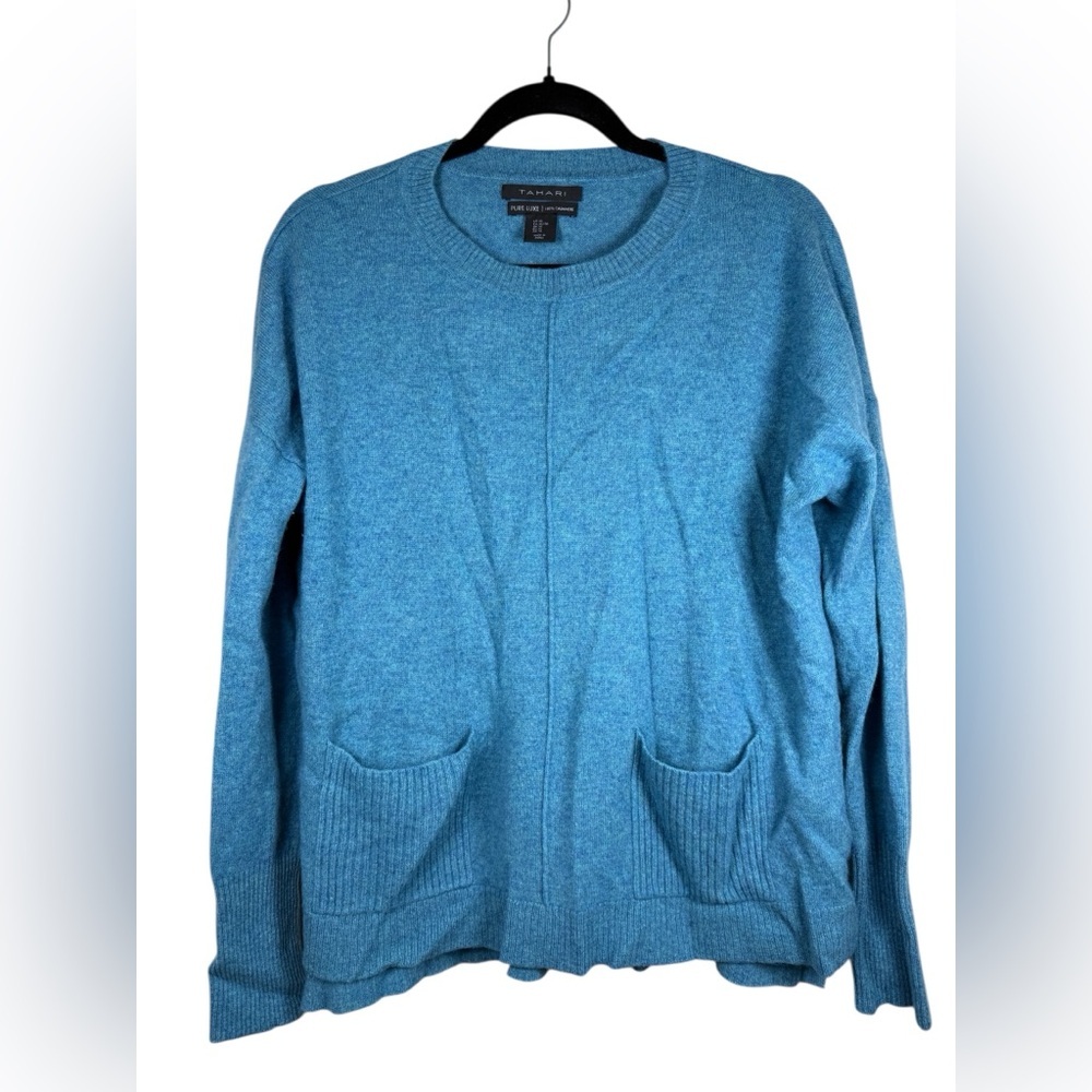 Tahari Pure Lux Cashmere Boxy Blue Sweater Apron Pockets Sz XL